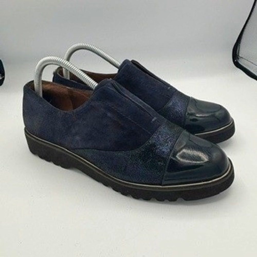 Donald J Pliner Cloud Oxfords Loafers Sz 8.5 Navy Suede Patent Cap Toe Slip‎ Ons